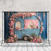 Aperturee - Pink Flower Blue Curtain Retro RV Spring Backdrop